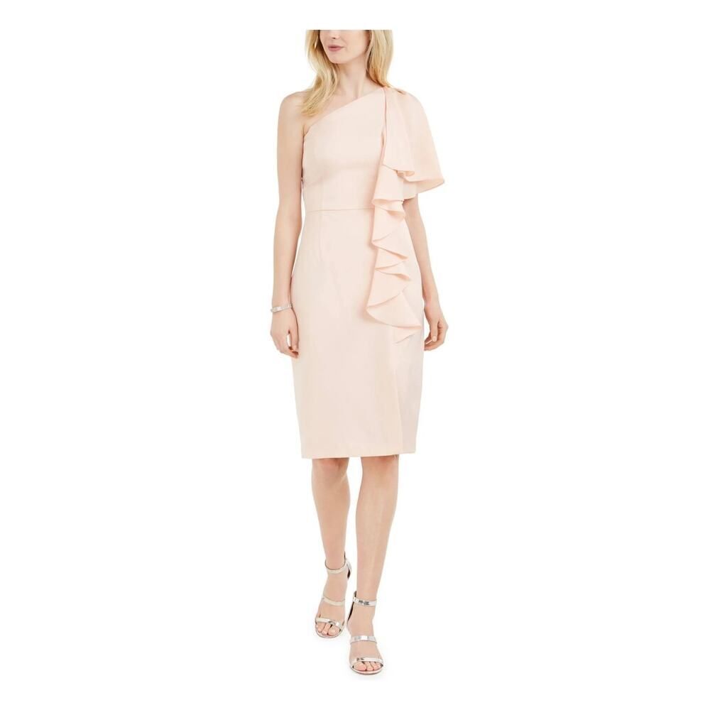 Vince Camuto Ruffle Knee Length Sheath Dress Women's 2 Pink Blush One Shoulder